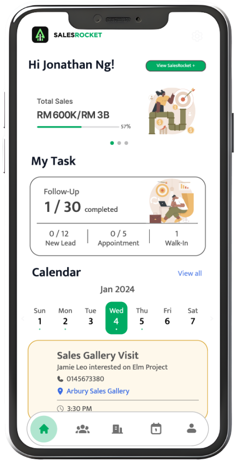 SalesRocket mobile app home screen showing sales progress, follow-up tasks and a calendar